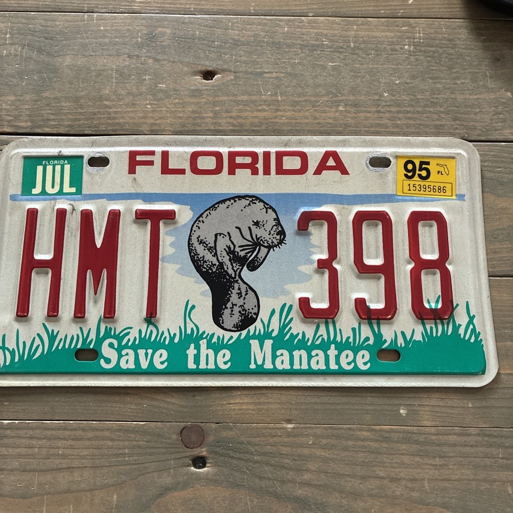Florida License Plate HMT398 Save the Manatee 1995